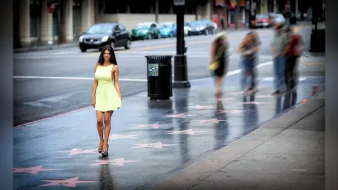 Elegant woman in a pale yellow cocktail dress standing on the Hollywood Walk of Fame sidewalk.