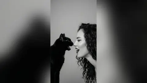 Black and white portrait of a smiling woman interacting with a black cat in a minimalist studio setting.