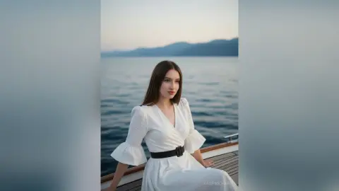 Elegant woman in a white wrap dress sitting on a boat deck overlooking a calm blue ocean at sunset.