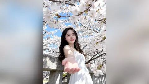 Smiling woman in a white summer dress reaching toward the camera under blooming cherry blossom trees.