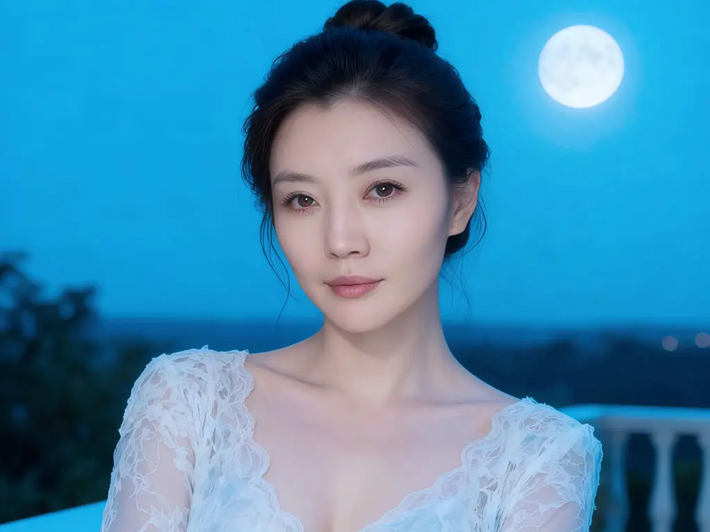 Elegant woman in a white lace gown under a bright full moon in a dreamy blue night setting.