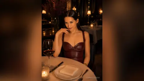 LuanaRodgers sits at a candlelit restaurant table wearing a tight burgundy dress and looking at the camera.