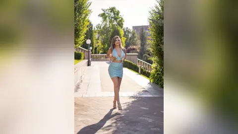 Sofiya stands on a stone walkway wearing a light blue crop top and matching tight skirt.