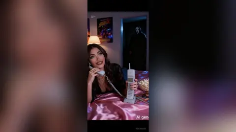 Young woman in black outfit talking on a vintage white telephone in a dimly lit bedroom with a spooky figure.