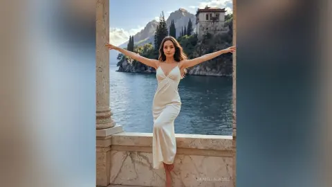 Elegant woman in a white silk slip dress posing with open arms by a scenic lake and mountains.