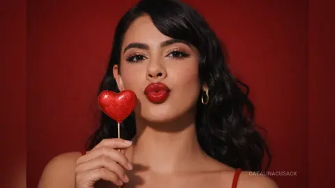Beautiful woman with dark wavy hair holding a red glittery heart against a romantic red background.