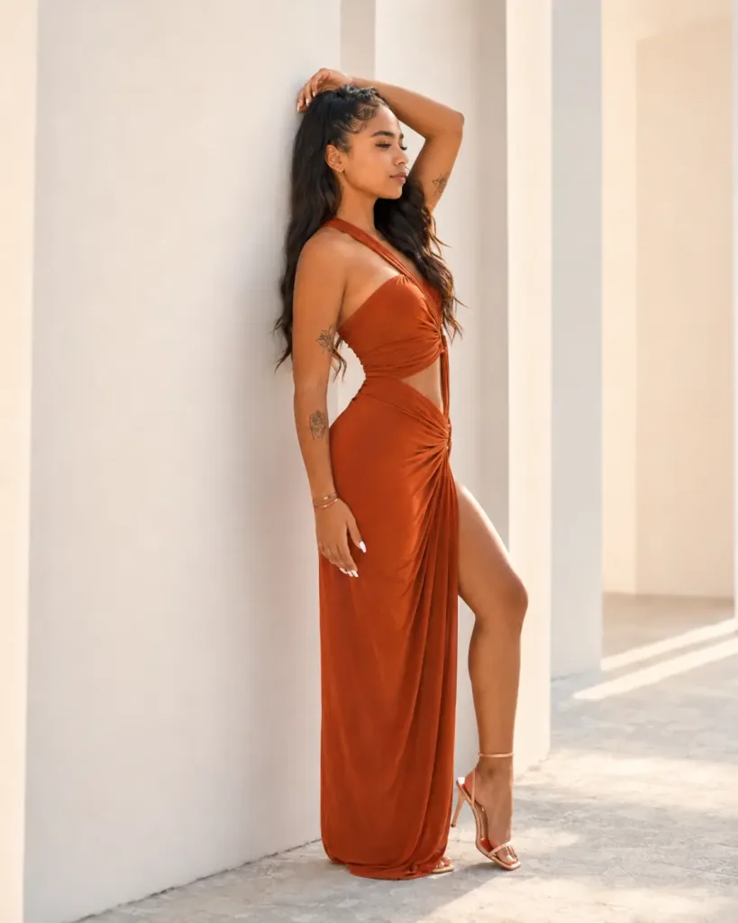 ScarlettPearls — ScarlettPearls poses against a white wall wearing a long rust-colored cutout dress and high heels.
