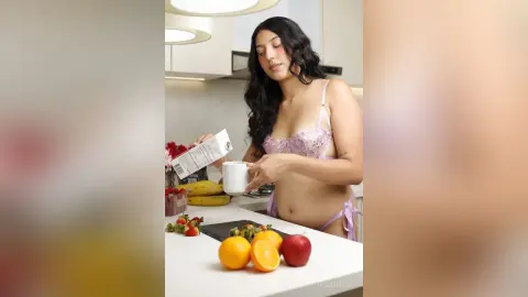 Young woman in lavender lace lingerie enjoying coffee in a bright kitchen with fresh fruit on the counter.