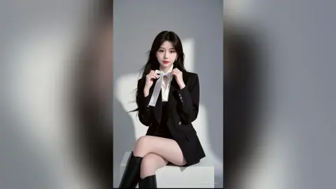 Elegant woman in a black blazer and white blouse posing against a minimalist grey studio background.