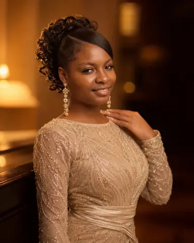 LilyReeds smiles in a sparkly gold long-sleeve dress with her dark hair in a curly updo and gold earrings.