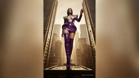 Glamorous woman in a purple metallic bodysuit and high boots standing amidst city skyscrapers at sunset.