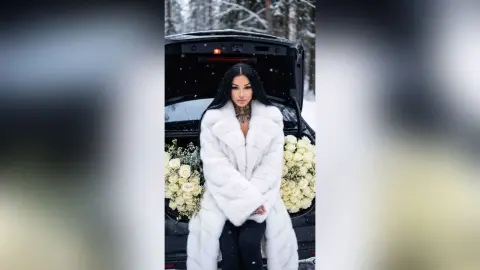 Elegant woman in a white faux fur coat standing by a car trunk filled with white roses in a snowy winter forest.