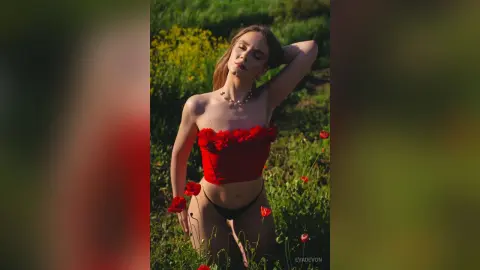 Young woman in a red floral tube top posing in a sunny wildflower field during golden hour.