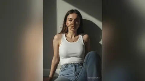 Young woman in a white ribbed tank top and blue jeans sitting in moody sunlight.