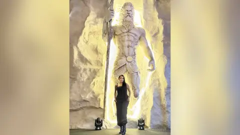 Woman in black outfit standing before a massive, glowing ancient Greek statue in a dramatic cave setting.