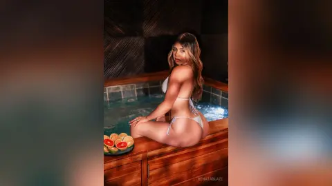 Curvy woman in a white bikini relaxing by a luxury outdoor hot tub with fresh fruit on a sunny day.