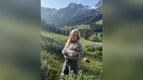 Blonde woman in a patterned sweater holding a mug in a lush green mountain meadow under a clear sky.