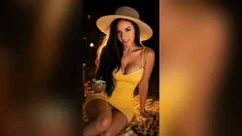 AlessaWaldorf wearing a tight yellow sundress and a straw hat while sitting on a blanket at night holding a coconut drink.