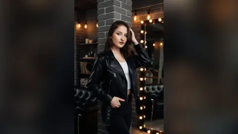 Stylish woman in a black leather jacket posing in a moody, dimly lit loft with warm string lights.