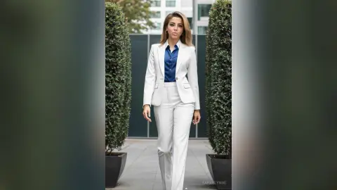 Confident blonde woman in a white power suit and blue shirt standing between manicured hedges outdoors.