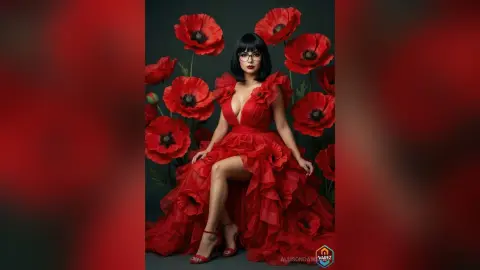 Elegant woman in a flowing red ruffled gown sitting amidst large blooming red poppies in a moody floral setting.