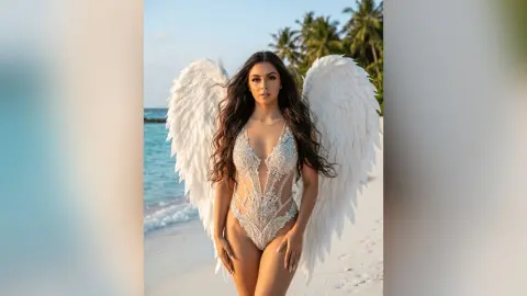 Beautiful woman in a white sequin bodysuit with large angel wings on a tropical beach at sunset.