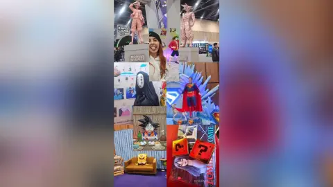 Anime fan surrounded by Dragon Ball and One Piece character merchandise at a vibrant pop culture convention.