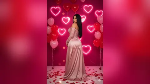 Elegant woman in a pink satin gown posing against a romantic backdrop of red heart balloons.