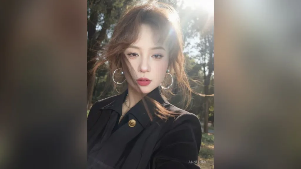 AnnLinMei — AnnLinMei poses outdoors in a black shirt and large silver hoop earrings with her wavy brown hair blowing in the wind.
