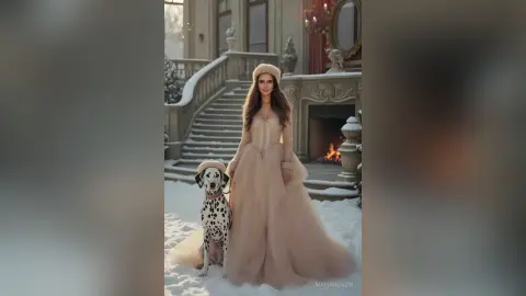 Elegant woman in a beige tulle gown with a Dalmatian dog on snow-covered grand palace stairs.