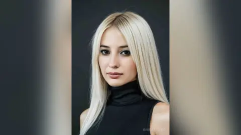 Portrait of a blonde woman in a black turtleneck sweater against a dark studio background with a serene mood.