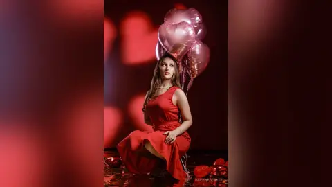 Elegant woman in a red cocktail dress posing with pink balloons against a moody red background.