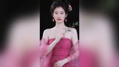 Elegant woman in a pink strapless gown holding a green stem against a dark background for a romantic mood.