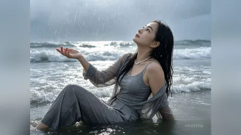 CelesteQi — CelesteQi sits in the ocean waves under falling rain wearing a grey dress.