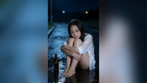 CelesteQi — CelesteQi sits on a wet road in a white shirt with her legs tucked to her chest under the rain.