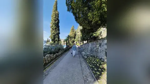 Woman in casual attire walking along a scenic stone path lined with lush green trees and flowers.