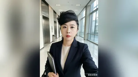 AuraraFeng — AuraraFeng wears a black blazer and a black fascinator hat while holding a folder in a modern hallway.