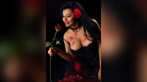 MissyJolie holds a single red rose against her chest while wearing black lace lingerie and a red flower in her long black hair.