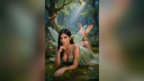 Ethereal fairy woman in a green gown lying in a magical, sunlit forest with glowing lights and mushrooms.