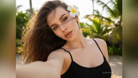Beautiful brunette woman with a white flower in her hair wearing a black tank top in a sunny tropical garden.
