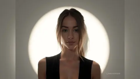 Portrait of a brunette woman in a black sleeveless top against a dramatic circular spotlight background.