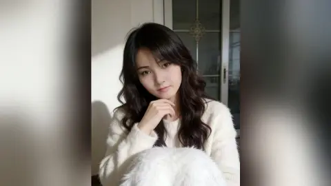 XiaJiaojiao poses with long wavy hair, wearing a white fuzzy sweater while resting her chin on her hand.