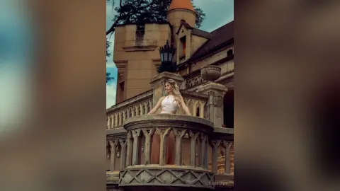 Elegant woman in a white sleeveless top standing on a vintage stone balcony of a historic castle at sunset.