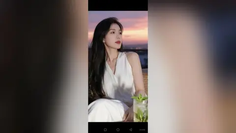 liyufei poses in a white sleeveless top with long black hair against a sunset sky background.