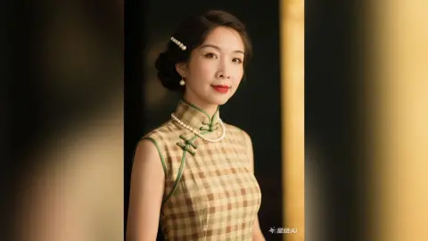 Elegant woman in a vintage plaid cheongsam dress with pearl accessories in a soft, moody indoor setting.