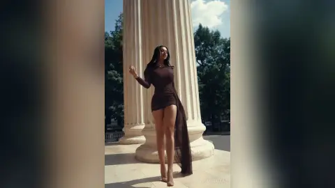 NicoleBella stands between large white columns wearing a long-sleeved, short brown dress with a long sheer skirt tail.