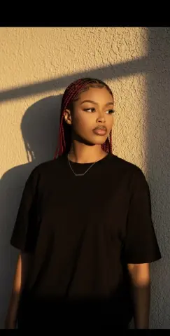 Young woman with red braids wearing a black t-shirt posing in warm sunlight against a textured wall.