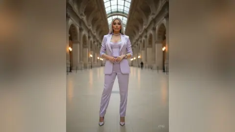 Elegant woman in a lavender lilac pantsuit standing in a grand classical marble hallway with natural light.