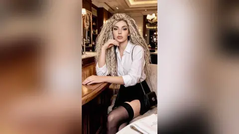 Elegant woman with long wavy blonde hair in a white blouse and black skirt posing in a luxury lounge setting.