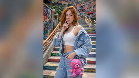 Young woman in denim jacket and white crop top posing with a pink teddy bear on urban city stairs.